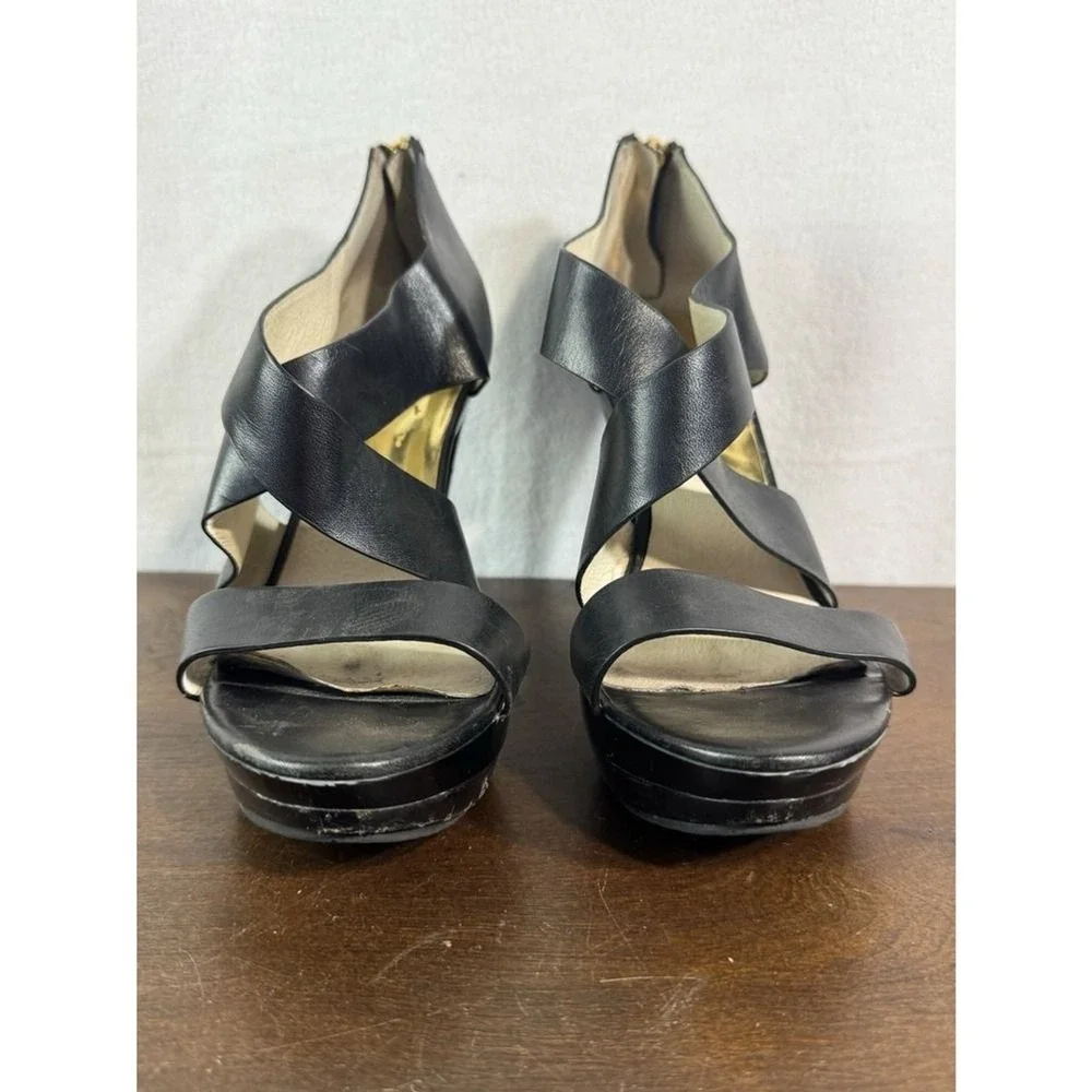 Michael Kors Black Leather Platform Heels Open Toe Back Zip Women's Pumps